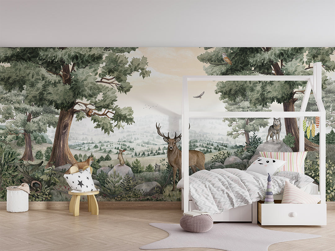 Papier Peint Panoramique Forêt Animaux Sauvages