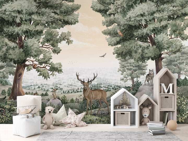 Papier Peint Panoramique Forêt Animaux Sauvages