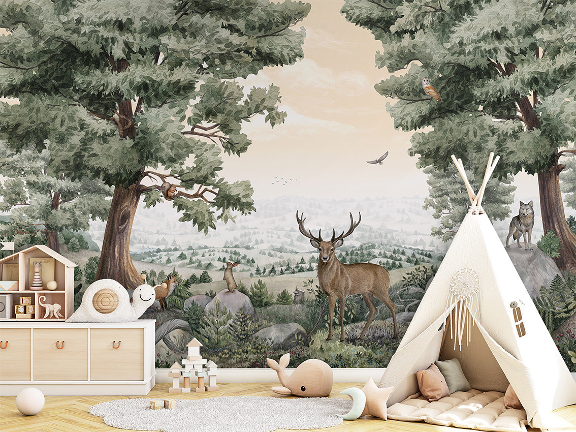 Papier Peint Panoramique Forêt Animaux Sauvages