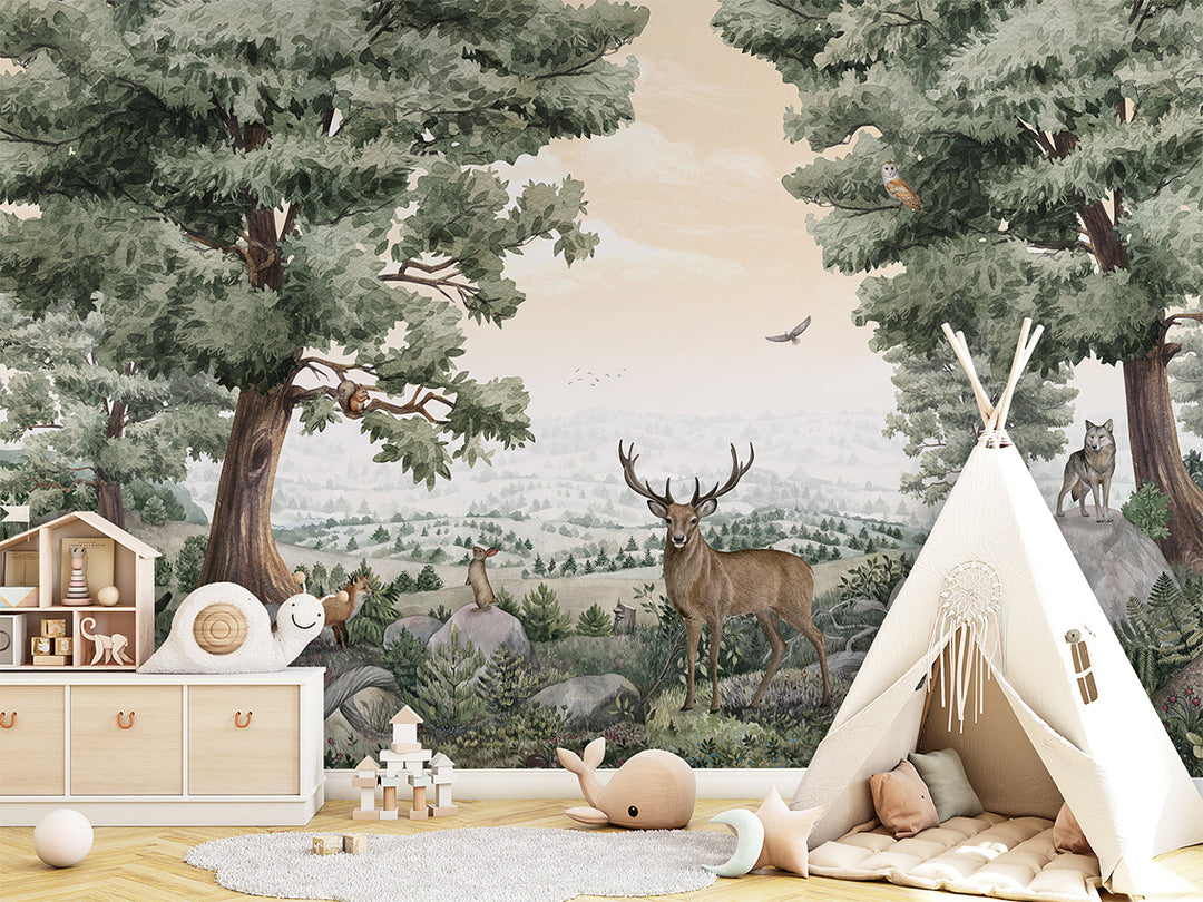 Papier Peint Panoramique Forêt Animaux Sauvages