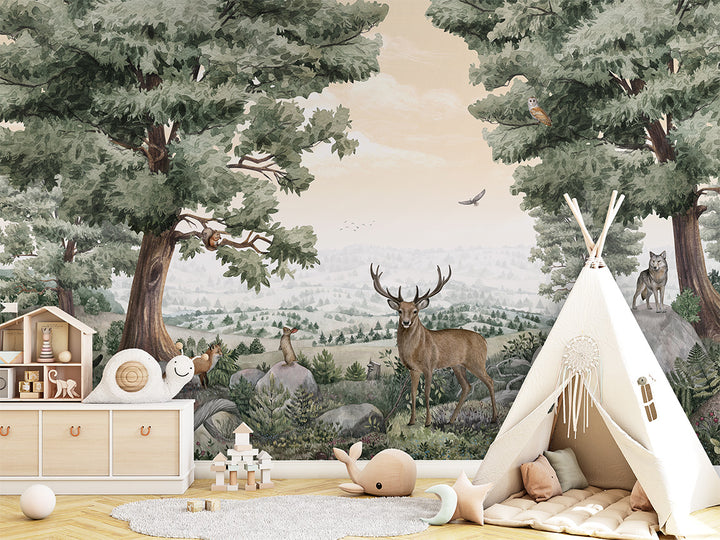 Papier Peint Panoramique Forêt Animaux Sauvages