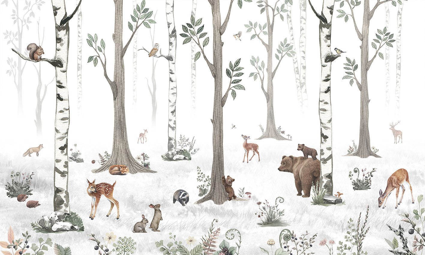 Papier Peint Panoramique Forêt Blanche et Animaux Sauvages