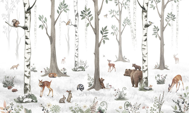Papier Peint Panoramique Forêt Blanche et Animaux Sauvages