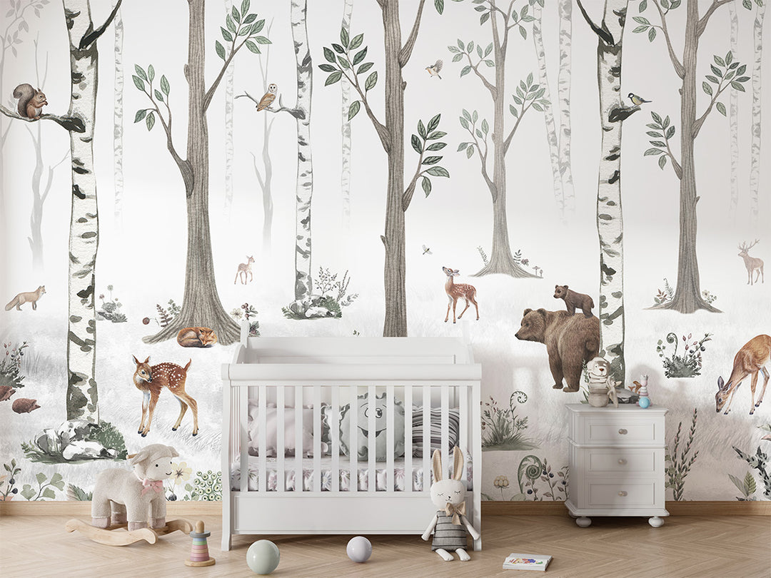 Papier Peint Panoramique Forêt Blanche et Animaux Sauvages