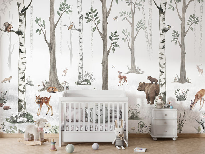 Papier Peint Panoramique Forêt Blanche et Animaux Sauvages
