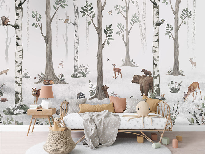 Papier Peint Panoramique Forêt Blanche et Animaux Sauvages