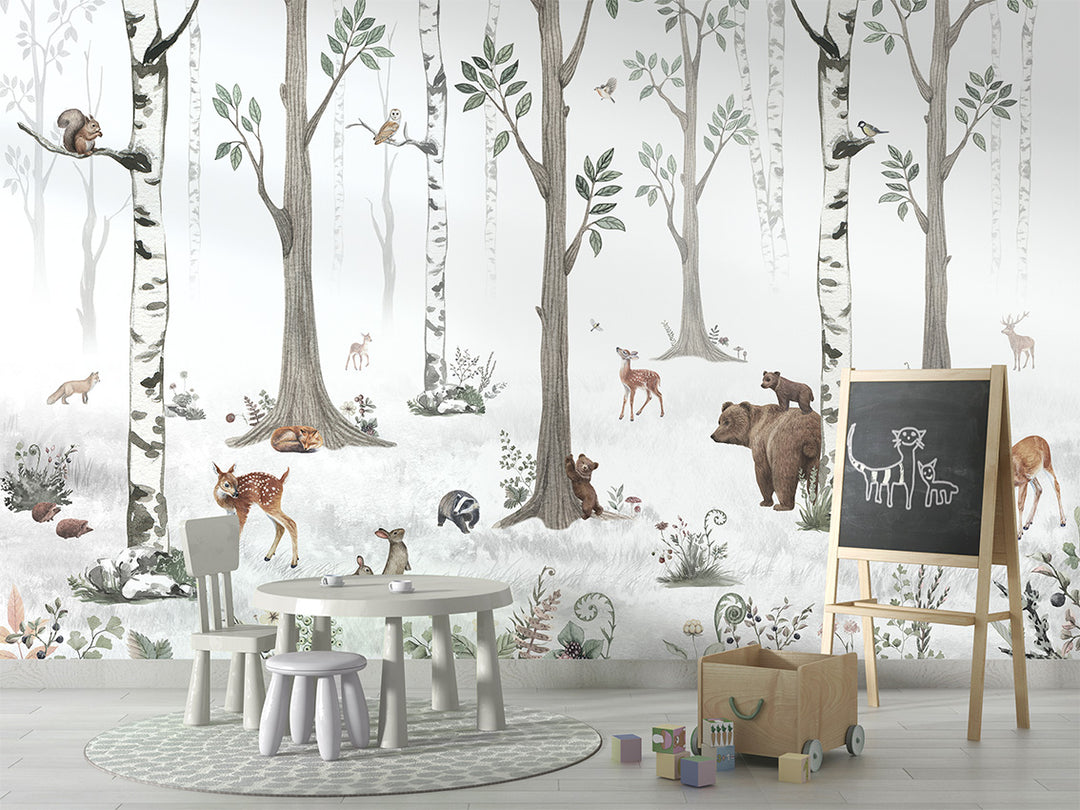 Papier Peint Panoramique Forêt Blanche et Animaux Sauvages