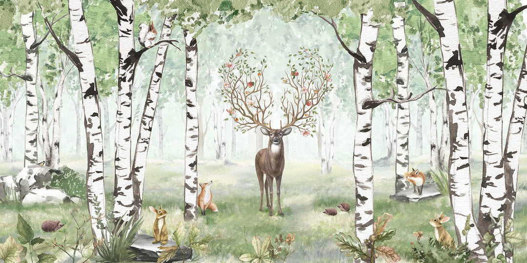 Papier Peint Panoramique Forêt de Bouleaux et Cerf Poétique