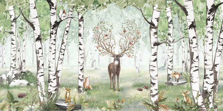 Papier Peint Panoramique Forêt de Bouleaux et Cerf Poétique