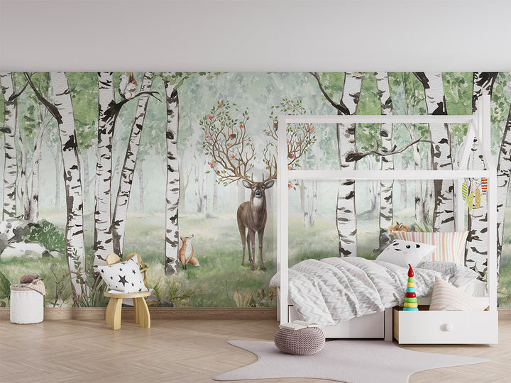 Papier Peint Panoramique Forêt de Bouleaux et Cerf Poétique