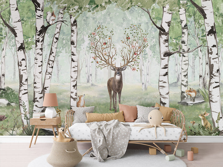 Papier Peint Panoramique Forêt de Bouleaux et Cerf Poétique