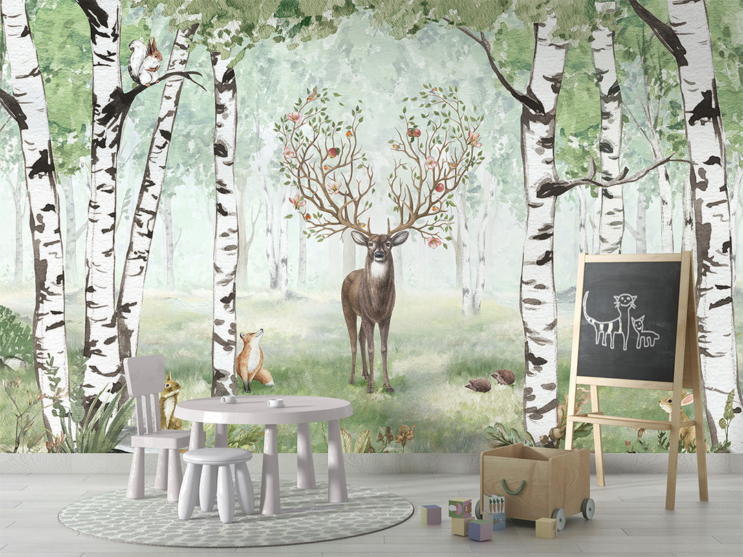 Papier Peint Panoramique Forêt de Bouleaux et Cerf Poétique