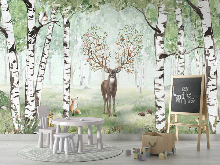 Papier Peint Panoramique Forêt de Bouleaux et Cerf Poétique