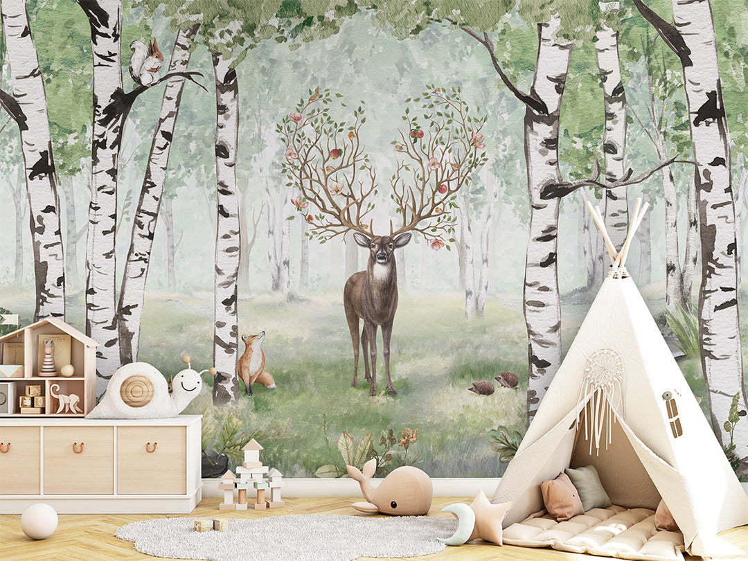 Papier Peint Panoramique Forêt de Bouleaux et Cerf Poétique