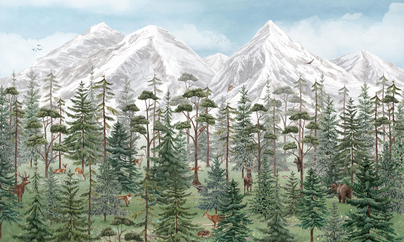 Papier Peint Panoramique Forêt de Montagne et Animaux Sauvages