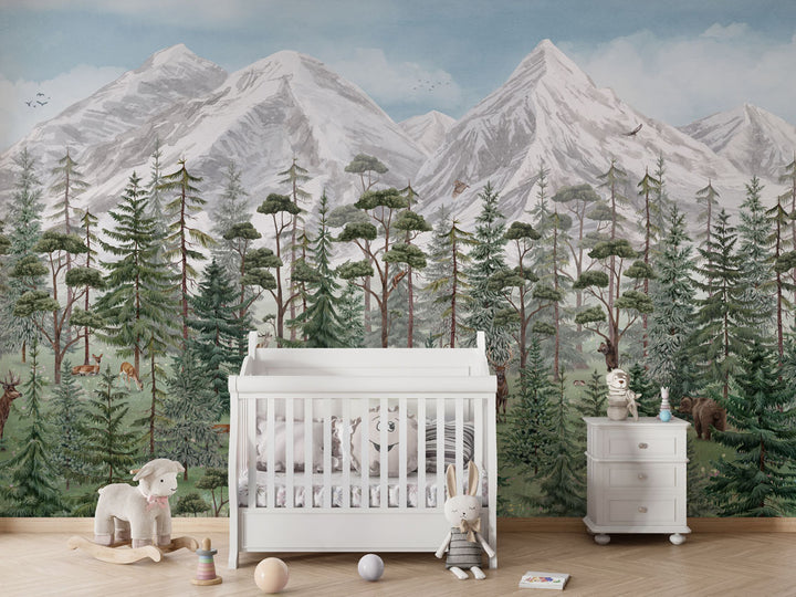Papier Peint Panoramique Forêt de Montagne et Animaux Sauvages