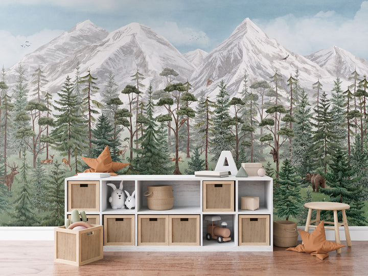 Papier Peint Panoramique Forêt de Montagne et Animaux Sauvages