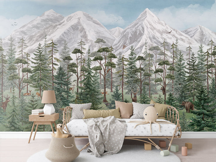 Papier Peint Panoramique Forêt de Montagne et Animaux Sauvages