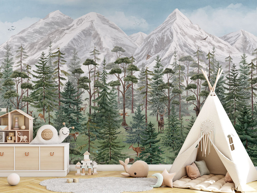 Papier Peint Panoramique Forêt de Montagne et Animaux Sauvages