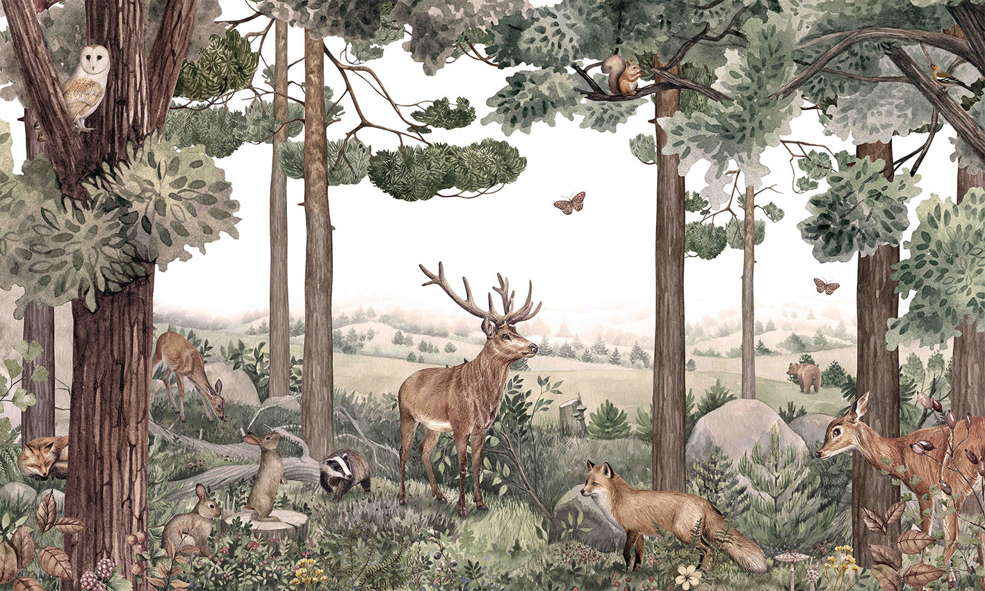 Papier Peint Panoramique Forêt Enchantée Animaux Sauvages