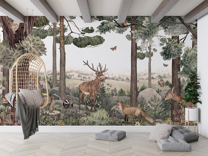 Papier Peint Panoramique Forêt Enchantée Animaux Sauvages