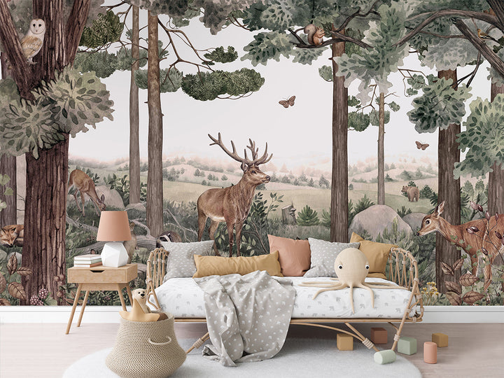 Papier Peint Panoramique Forêt Enchantée Animaux Sauvages