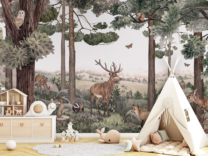 Papier Peint Panoramique Forêt Enchantée Animaux Sauvages