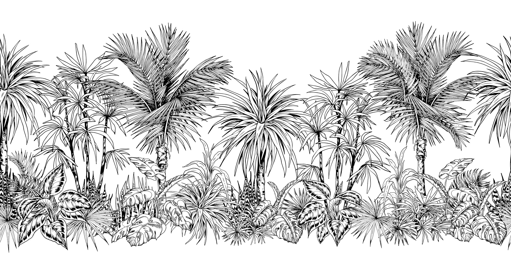 Monochrome tropical forest panoramic wallpaper