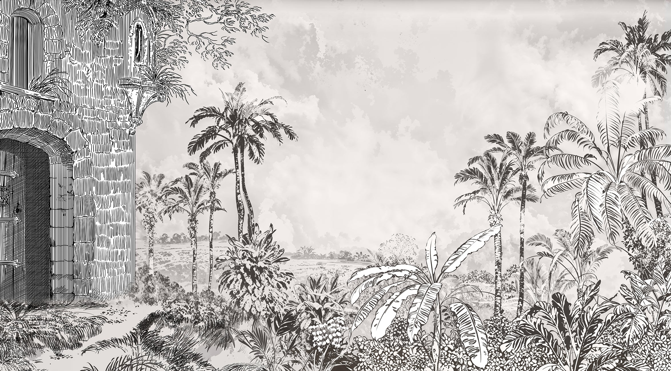 Papier peint panoramique forêt tropicale noir et blanc