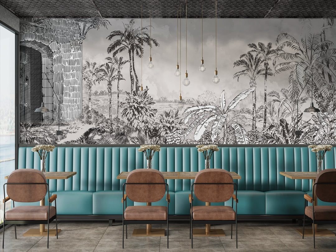 Papier peint panoramique forêt tropicale noir et blanc - Kam et Léon