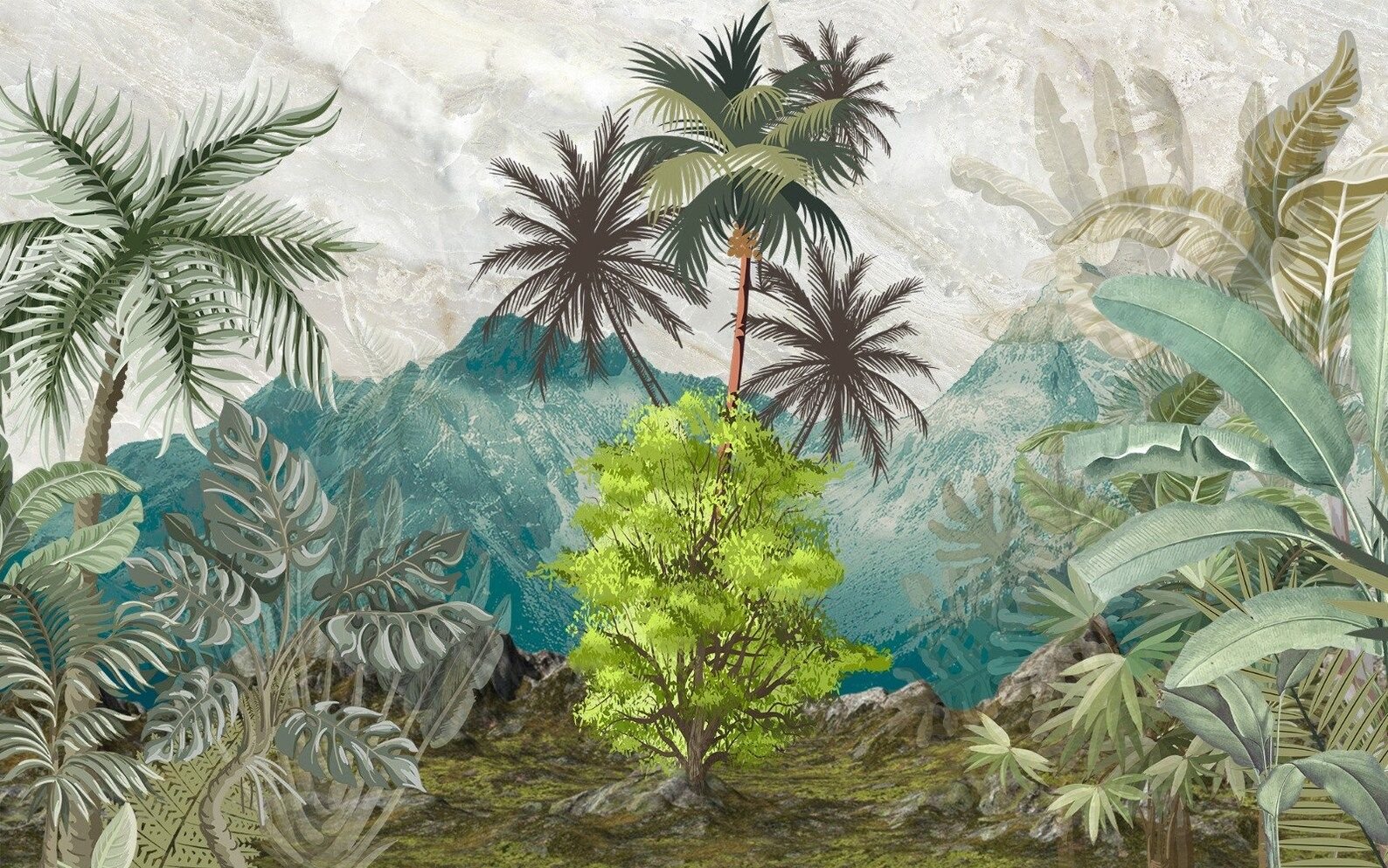 Trendy tropical forest panoramic wallpaper