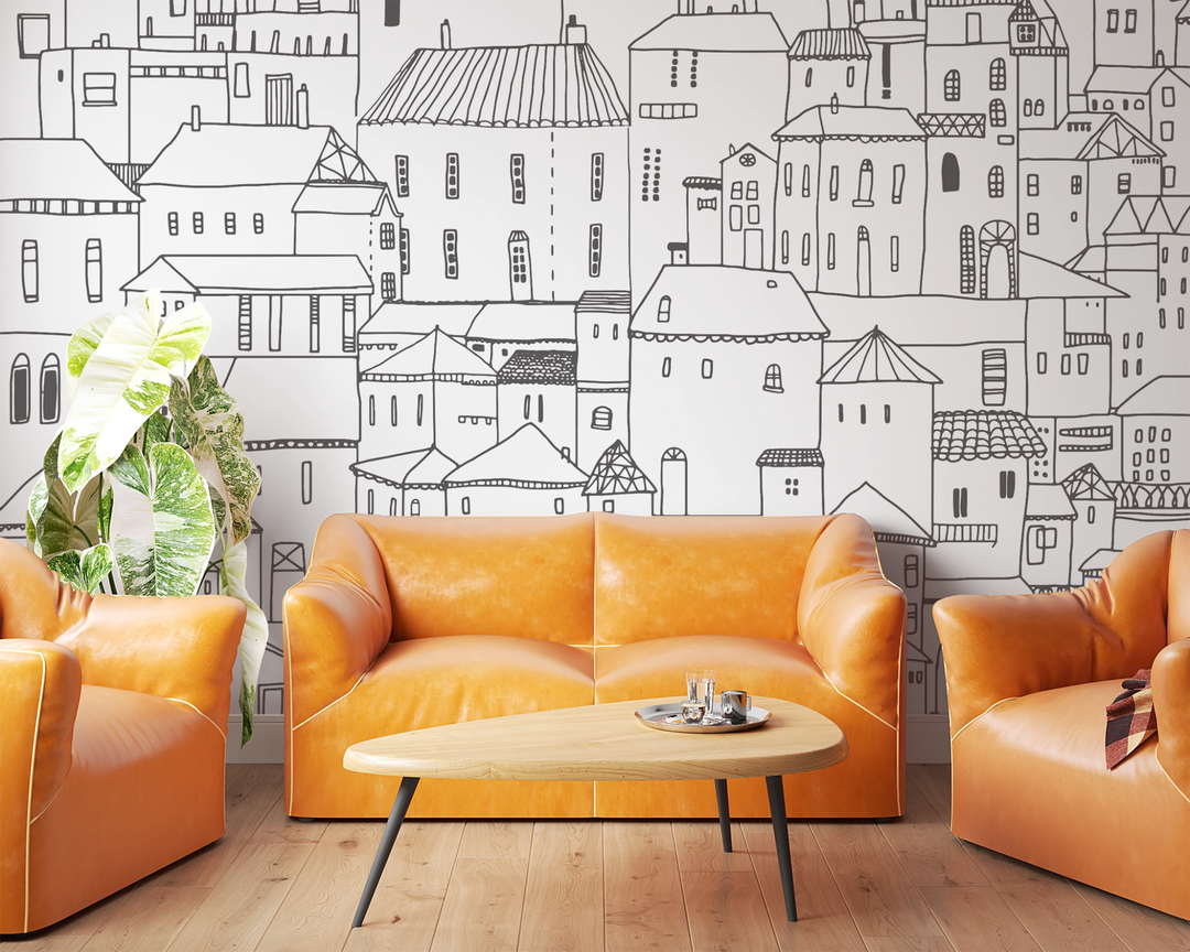 Papier peint panoramique illustration ville noir et blanc - Kam & Leon