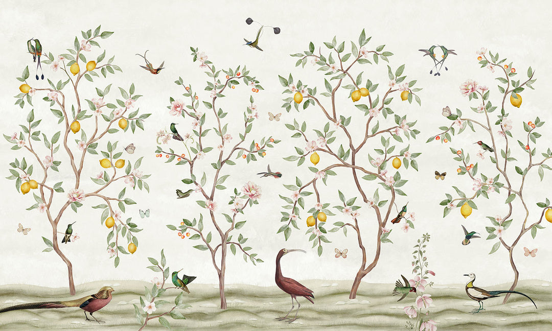 Papier Peint Panoramique Jardin de Citronniers et Oiseaux