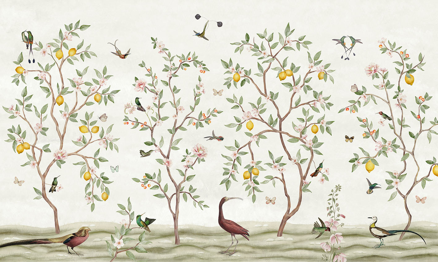 Papier Peint Panoramique Jardin de Citronniers et Oiseaux