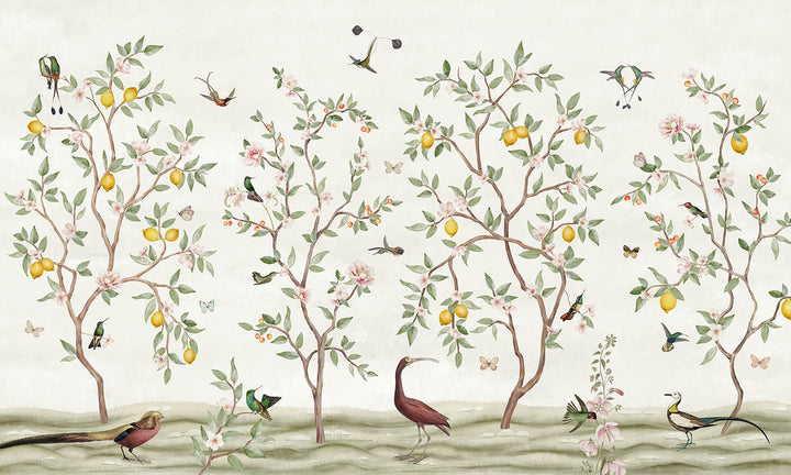 Papier Peint Panoramique Jardin de Citronniers et Oiseaux