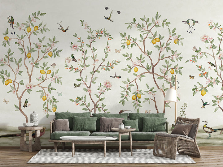 Papier Peint Panoramique Jardin de Citronniers et Oiseaux