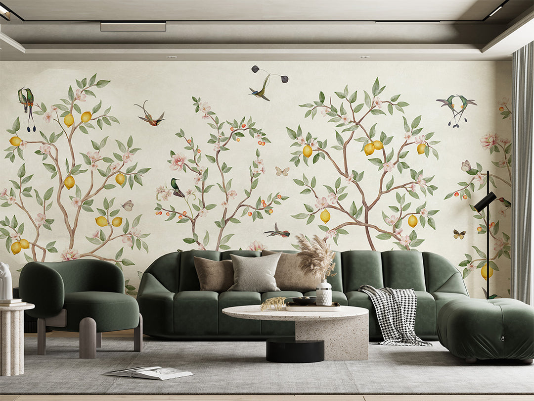 Papier Peint Panoramique Jardin de Citronniers et Oiseaux