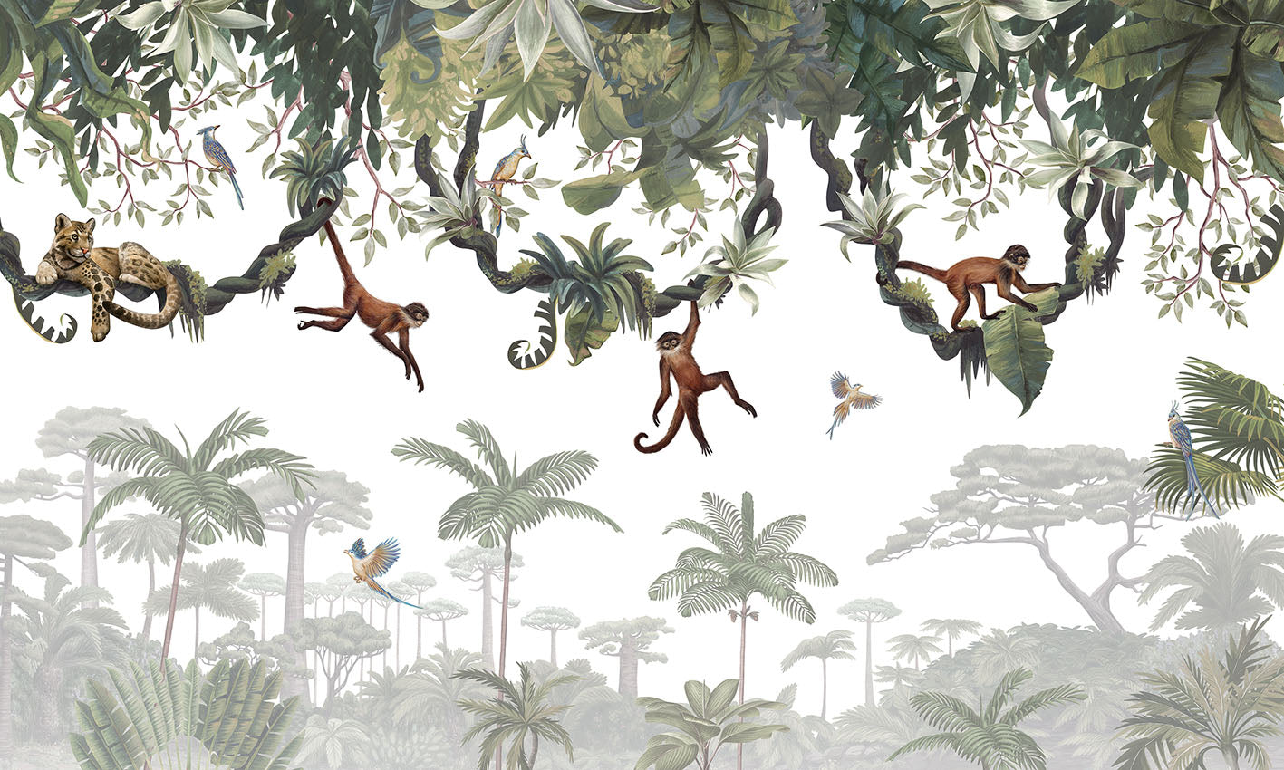Papier Peint Panoramique Jungle des Singes et Végétation Tropicale