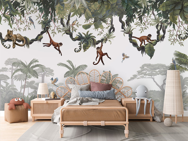 Papier Peint Panoramique Jungle des Singes et Végétation Tropicale