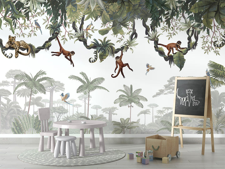 Papier Peint Panoramique Jungle des Singes et Végétation Tropicale