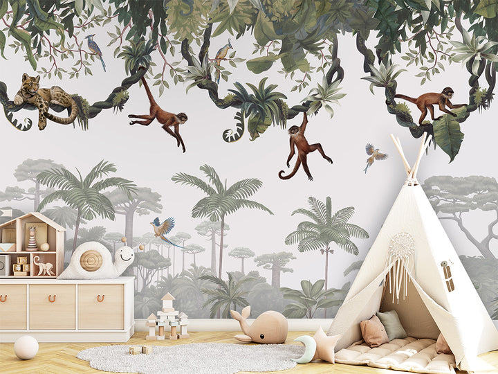 Papier Peint Panoramique Jungle des Singes et Végétation Tropicale