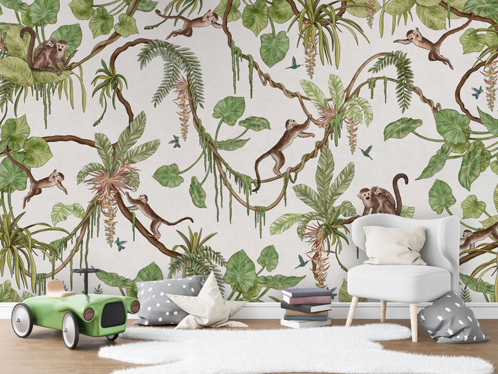 Papier Peint Panoramique Jungle des Singes Illustrée