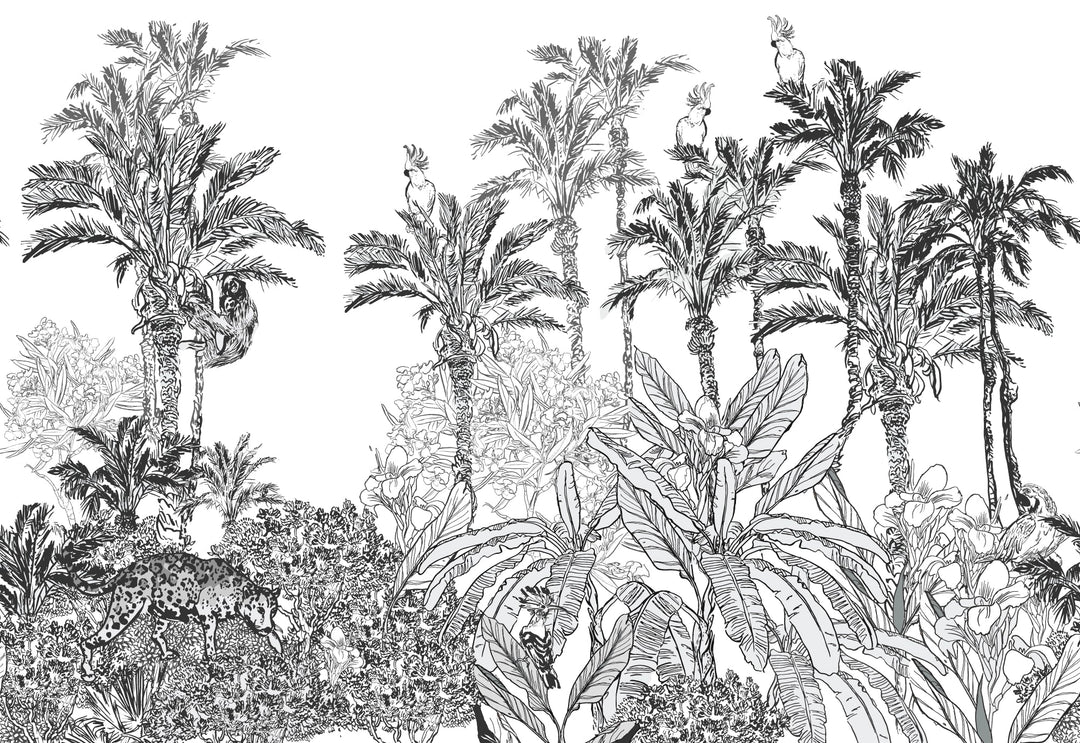 Papier Peint Panoramique Jungle en Noir et Blanc - Paysage Exotique Illustré - Kam et Léon