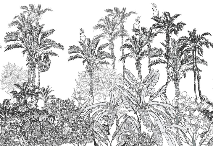 Papier Peint Panoramique Jungle en Noir et Blanc - Paysage Exotique Illustré - Kam et Léon