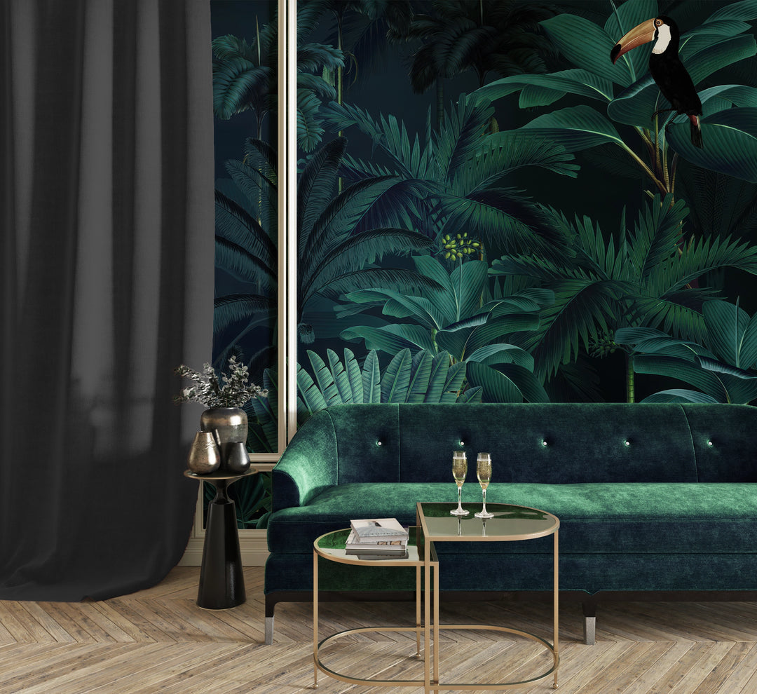 Papier peint panoramique jungle tropicale léopard & toucan