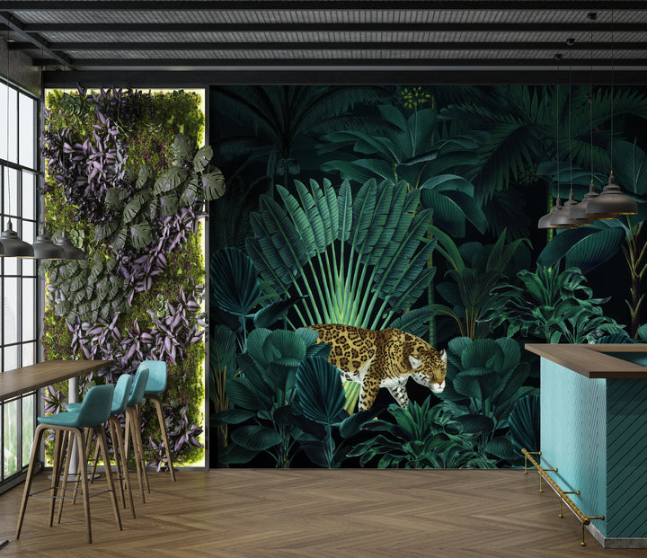 Papier peint panoramique jungle tropicale léopard & toucan