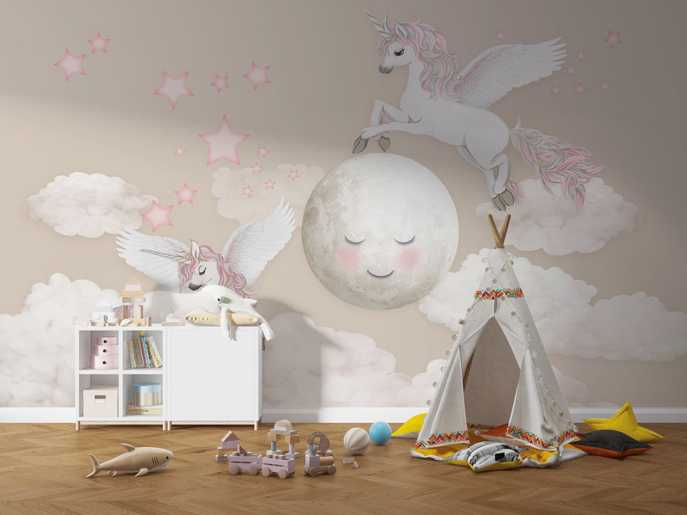 Papier peint panoramique Licornes Sous la Lune - Kam et Léon