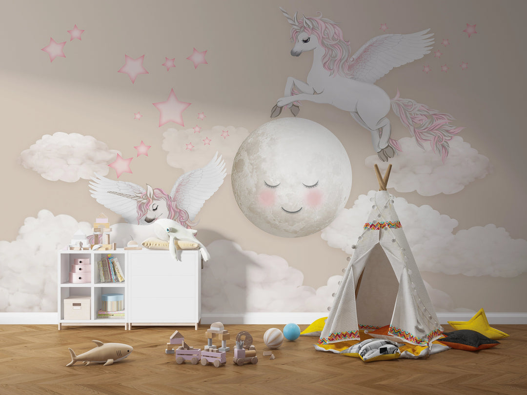 Papier peint panoramique Licornes Sous la Lune - Kam et Léon