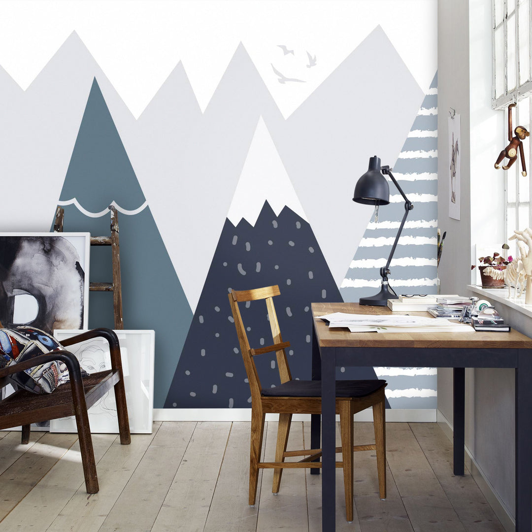 Papier peint panoramique montagne bleue enfant - Kam & Leon