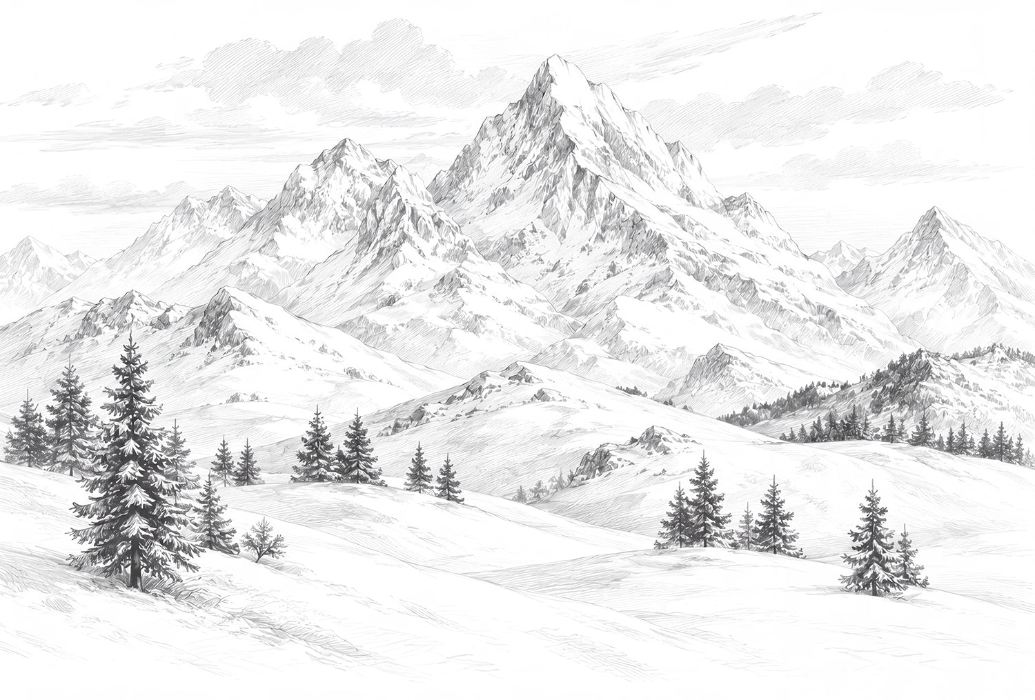 Papier peint panoramique montagne enneigée noir et blanc – Dessin au crayon